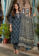 Thumbnail for NOZ2TOZ Women Floral Printed Knee Length Round Neck Kurta And Pant Set With Printed Cotton Dupatta - Blue - Distacart