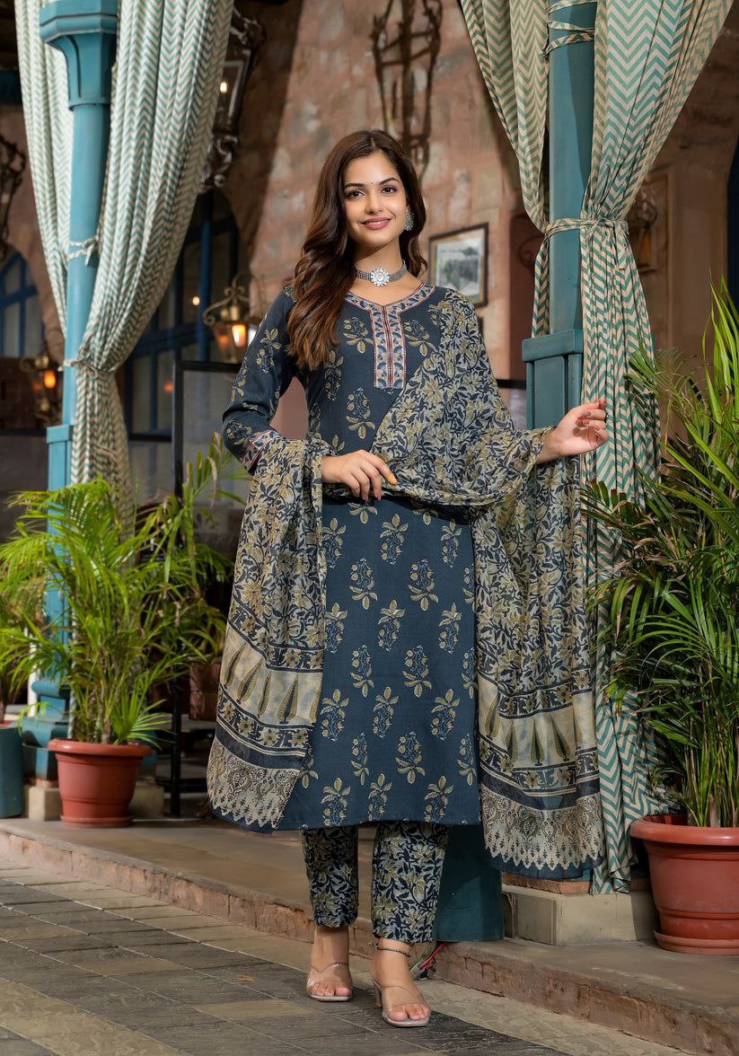 NOZ2TOZ Women Floral Printed Knee Length Round Neck Kurta And Pant Set With Printed Cotton Dupatta - Blue - Distacart