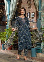 Thumbnail for NOZ2TOZ Women Floral Printed Knee Length Round Neck Kurta And Pant Set With Printed Cotton Dupatta - Blue - Distacart