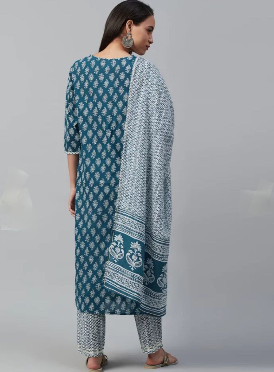 NOZ2TOZ Women Floral Printed Knee Length Rayon Kurta And Pant Set With Printed Cotton Dupatta - Blue - Distacart