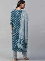 Thumbnail for NOZ2TOZ Women Floral Printed Knee Length Rayon Kurta And Pant Set With Printed Cotton Dupatta - Blue - Distacart