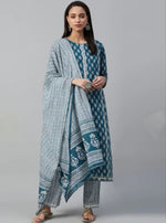 Thumbnail for NOZ2TOZ Women Floral Printed Knee Length Rayon Kurta And Pant Set With Printed Cotton Dupatta - Blue - Distacart