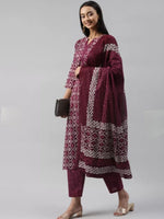 Thumbnail for NOZ2TOZ Women Floral Printed Knee Length Rayon Kurti And Pant Set With Printed Cotton Dupatta - Purple - Distacart