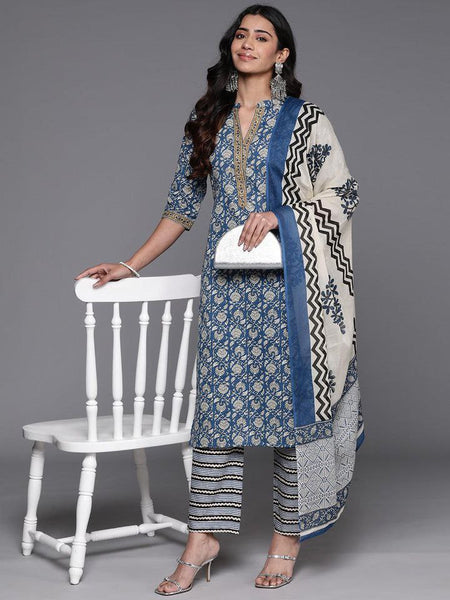 NOZ2TOZ Women's Floral Printed Knee Length V Neck Kurti And Pant Set With Printed Dupatta - Blue - Distacart