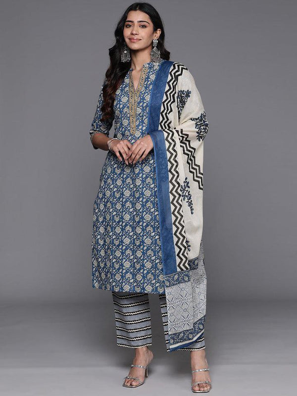 NOZ2TOZ Women's Floral Printed Knee Length V Neck Kurti And Pant Set With Printed Dupatta - Blue - Distacart