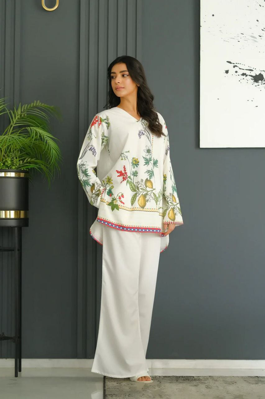 NOZ2TOZ Women's Printed V Neck Long Sleeves Co-Ords Set - White - Distacart