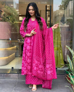 Thumbnail for NOZ2TOZ Women Floral Printed Calf Length V Neck Kurti And Palazzo Set With Printed Cotton Dupatta - Pink - Distacart