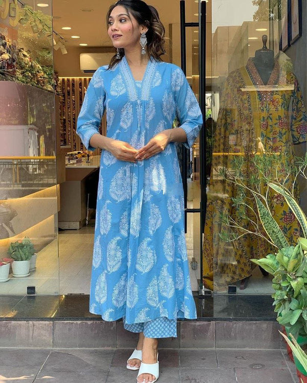 NOZ2TOZ Women's Floral Printed Calf Length Flared Kurti And Palazzo Set With Printed Dupatta - Blue - Distacart