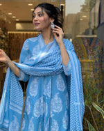 Thumbnail for NOZ2TOZ Women's Floral Printed Calf Length Flared Kurti And Palazzo Set With Printed Dupatta - Blue - Distacart