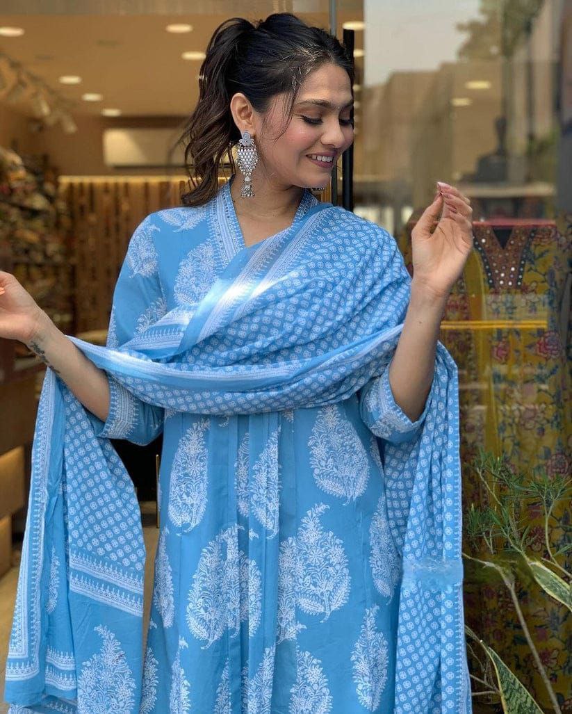 NOZ2TOZ Women's Floral Printed Calf Length Flared Kurti And Palazzo Set With Printed Dupatta - Blue - Distacart