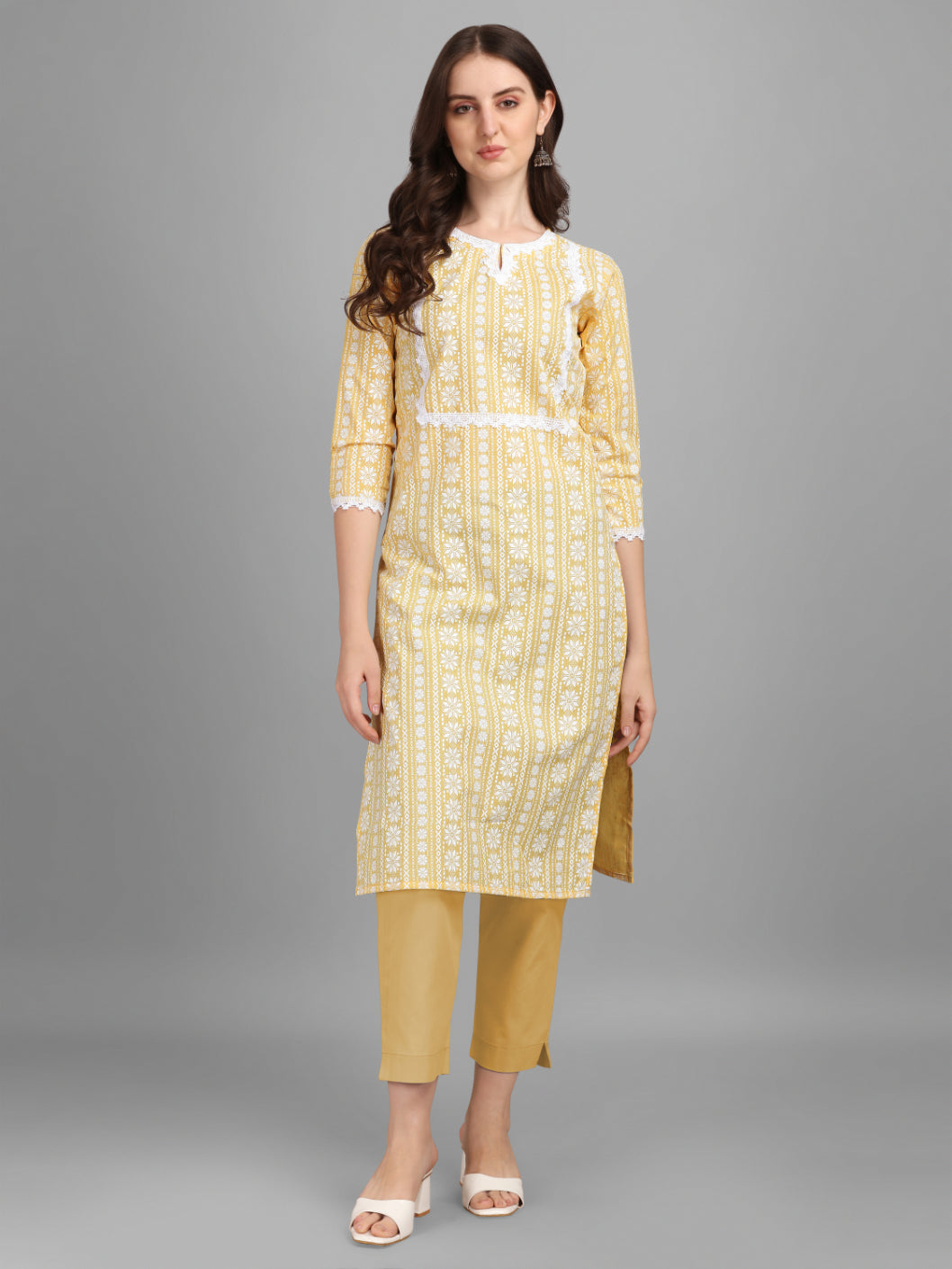 NOZ2TOZ Women's Floral Printed Cotton Blend Key-Hole Neck Yellow Kurti - Yellow