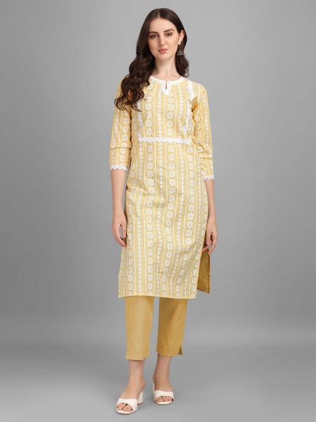 NOZ2TOZ Women's Floral Printed Cotton Blend Key-Hole Neck Yellow Kurti - Yellow - Distacart