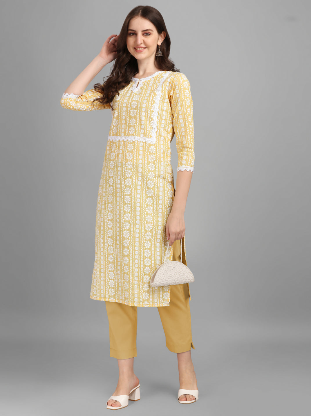 NOZ2TOZ Women's Floral Printed Cotton Blend Key-Hole Neck Yellow Kurti - Yellow