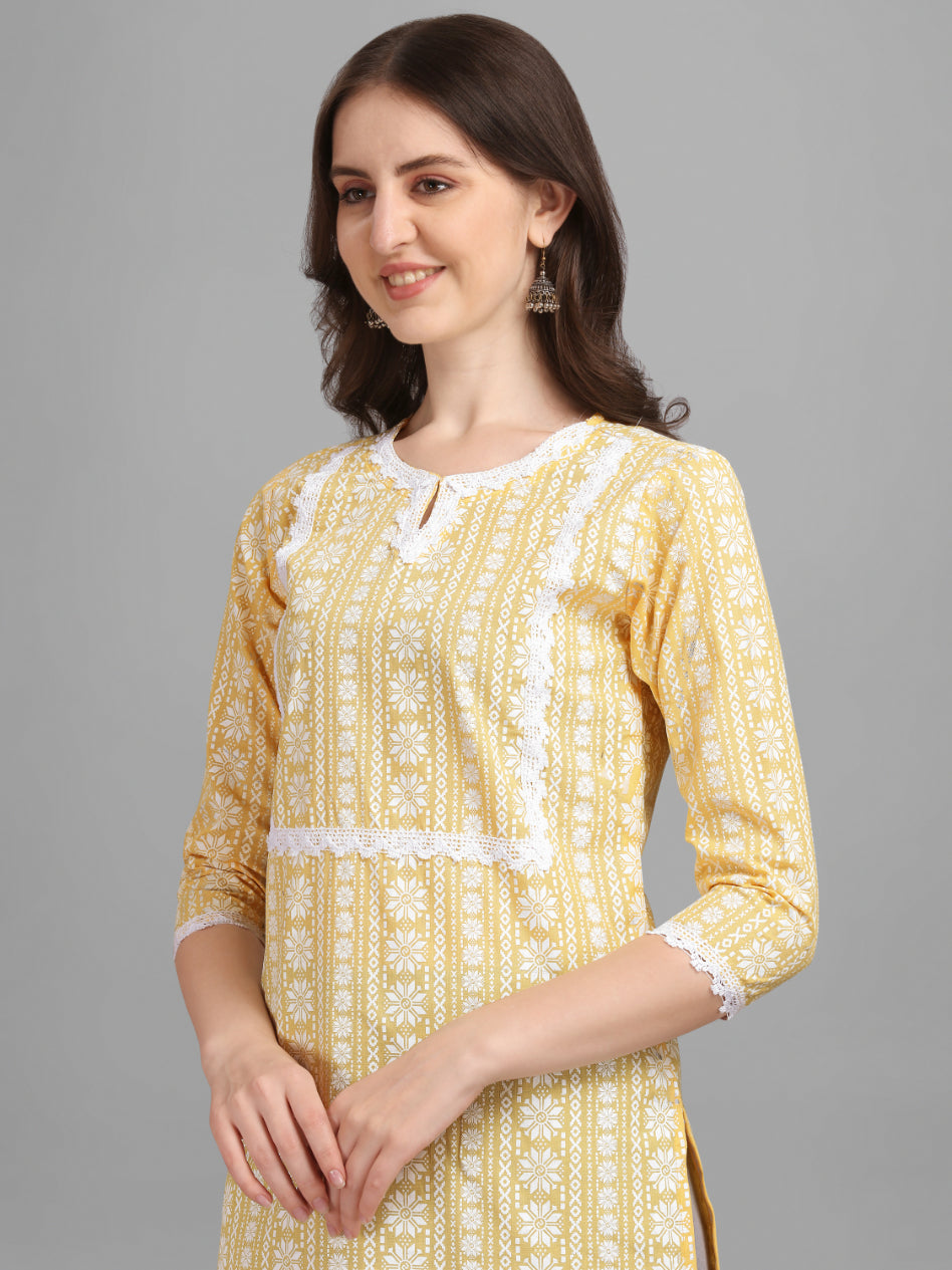 NOZ2TOZ Women's Floral Printed Cotton Blend Key-Hole Neck Yellow Kurti - Yellow