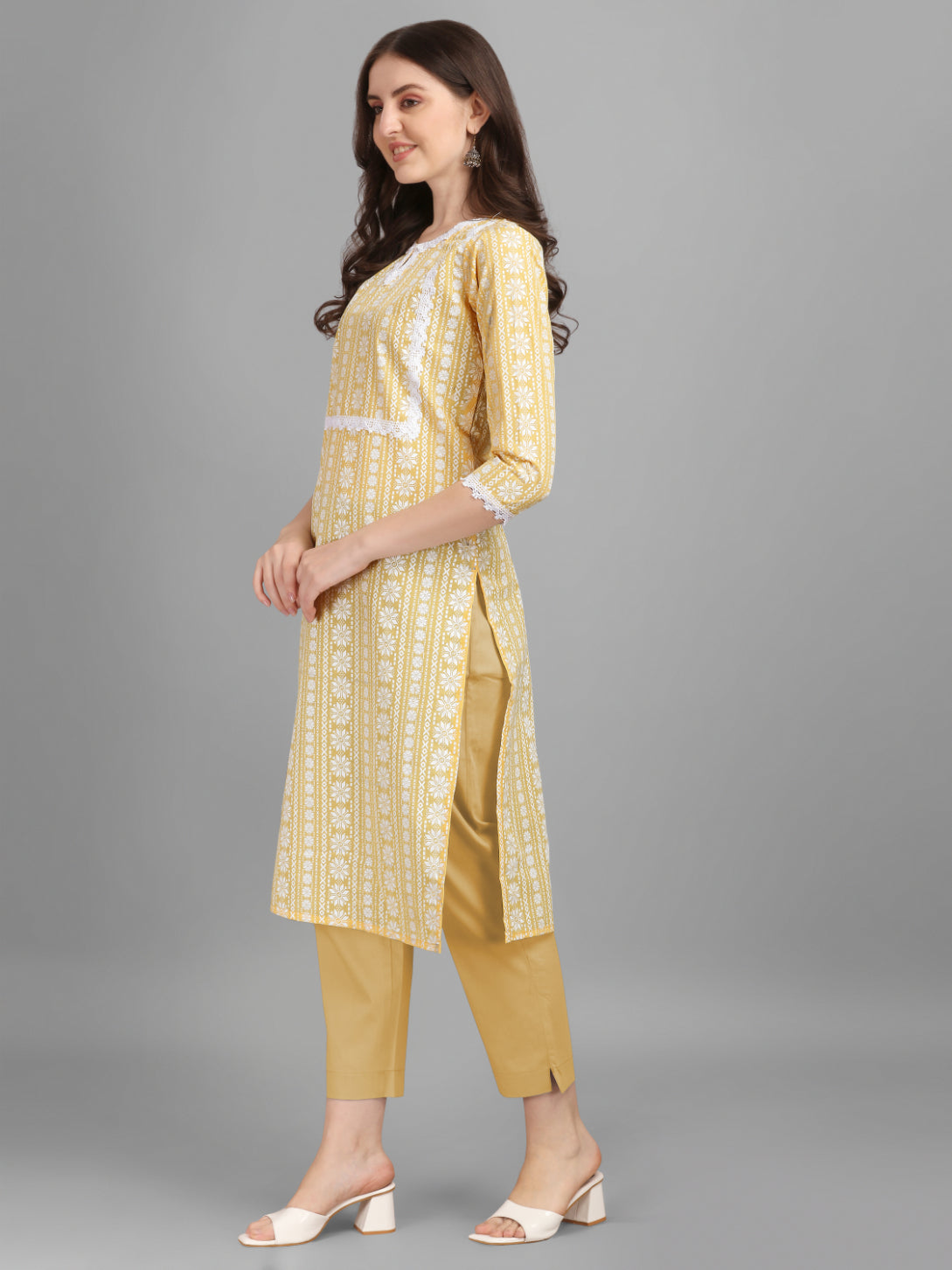 NOZ2TOZ Women's Floral Printed Cotton Blend Key-Hole Neck Yellow Kurti - Yellow