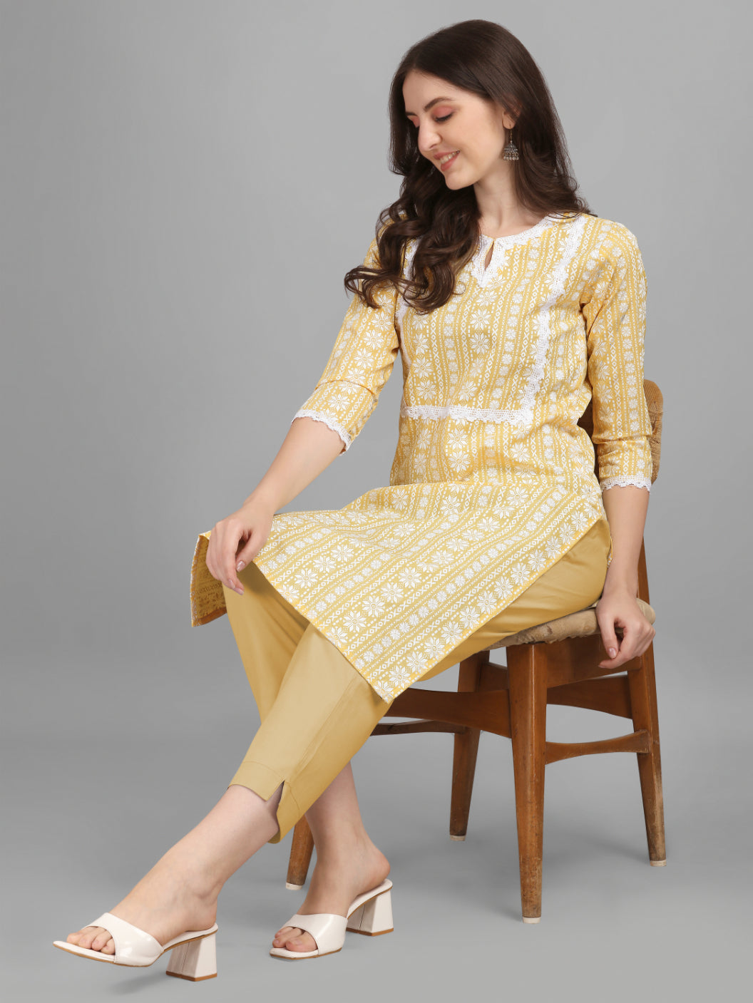 NOZ2TOZ Women's Floral Printed Cotton Blend Key-Hole Neck Yellow Kurti - Yellow - Distacart