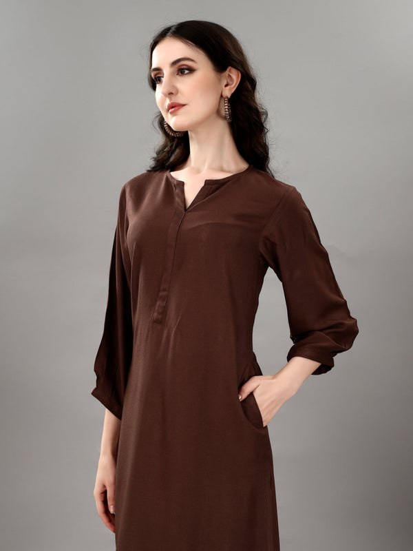 NOZ2TOZ Women's V Neck Knee Length 3/4 Sleeves Solid Rayon Co-Ords Set - Brown - Distacart
