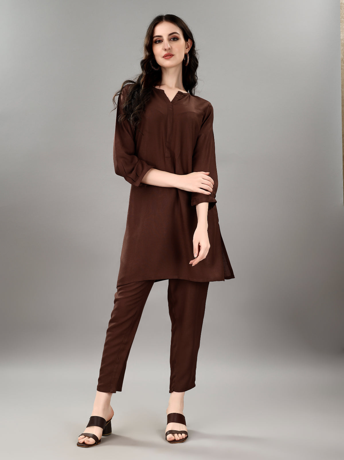 NOZ2TOZ Women's V Neck Knee Length 3/4 Sleeves Solid Rayon Co-Ords Set - Brown - Distacart