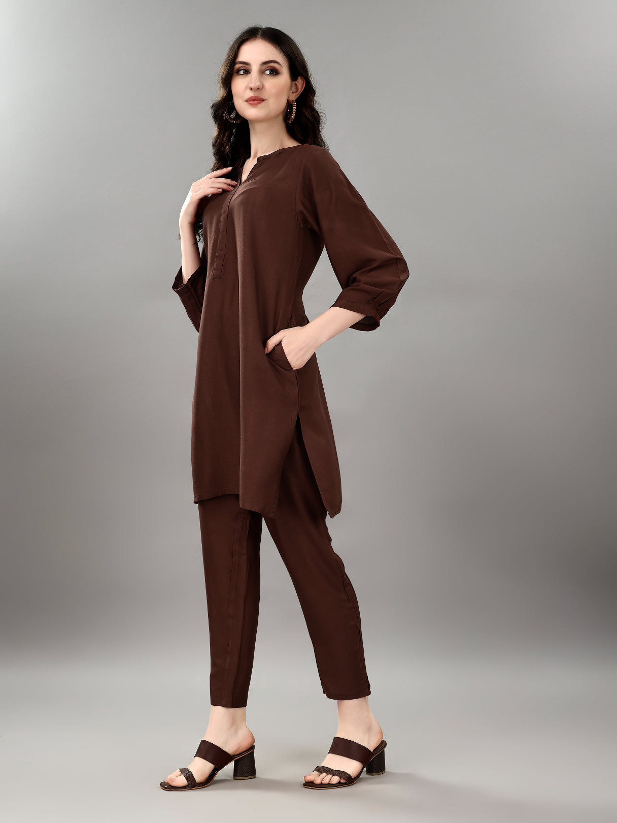 NOZ2TOZ Women's V Neck Knee Length 3/4 Sleeves Solid Rayon Co-Ords Set - Brown - Distacart