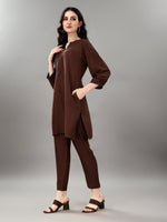 Thumbnail for NOZ2TOZ Women's V Neck Knee Length 3/4 Sleeves Solid Rayon Co-Ords Set - Brown - Distacart