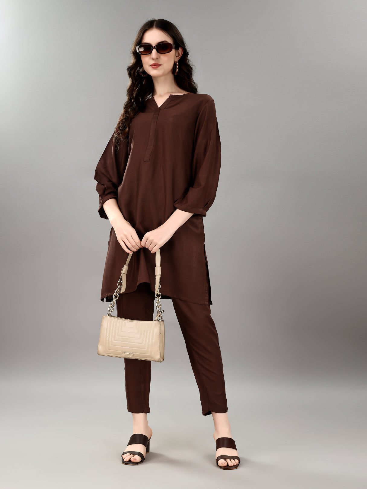 NOZ2TOZ Women's V Neck Knee Length 3/4 Sleeves Solid Rayon Co-Ords Set - Brown - Distacart