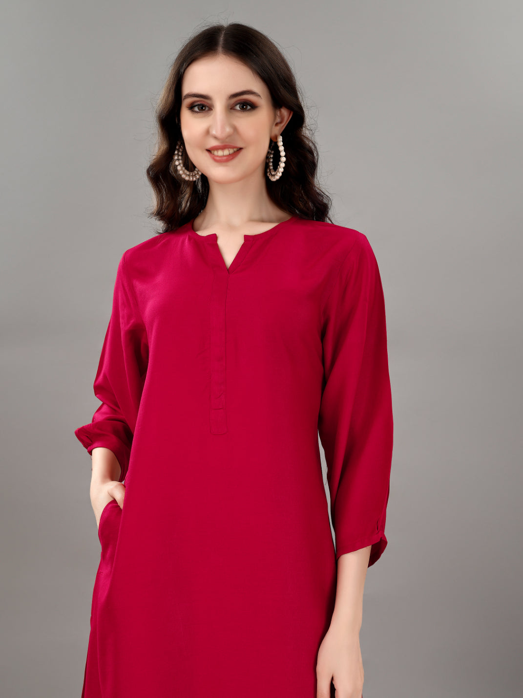 NOZ2TOZ Women's V Neck Knee Length 3/4 Sleeves Solid Rayon Co-Ords Set - Rani