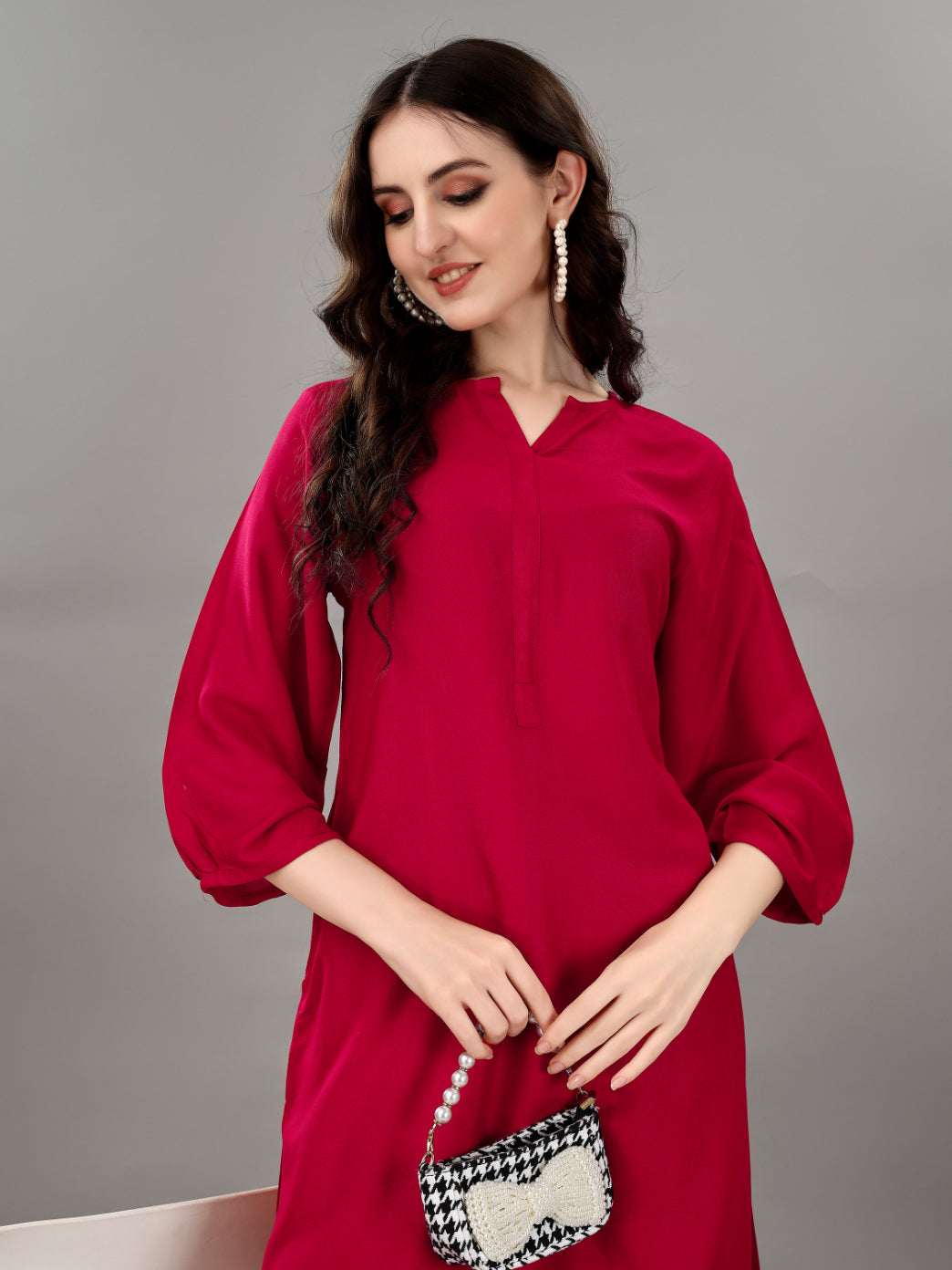 NOZ2TOZ Women's V Neck Knee Length 3/4 Sleeves Solid Rayon Co-Ords Set - Rani
