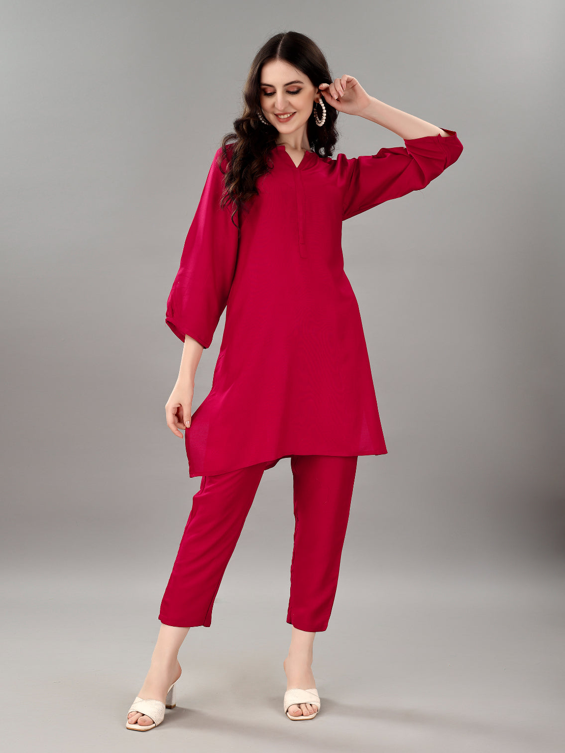 NOZ2TOZ Women's V Neck Knee Length 3/4 Sleeves Solid Rayon Co-Ords Set - Rani
