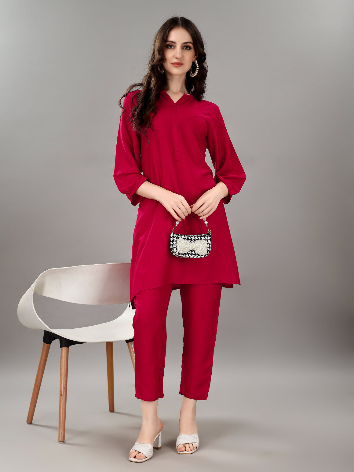 NOZ2TOZ Women's V Neck Knee Length 3/4 Sleeves Solid Rayon Co-Ords Set - Rani