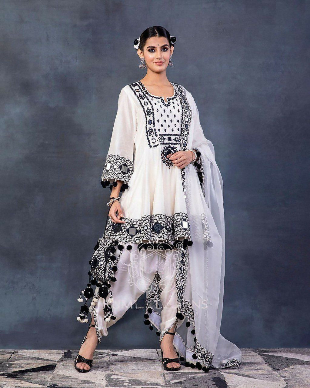 Preksha Creation Trending Designer Rajwadi Silk Top Embroidery Real Mirror Work With Dupatta And Dhoti - White