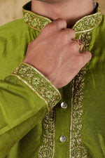 Thumbnail for Bluesaanchi Men's Sunshine Handwoven Embroidered Apple Green Kurta Set - Distacart