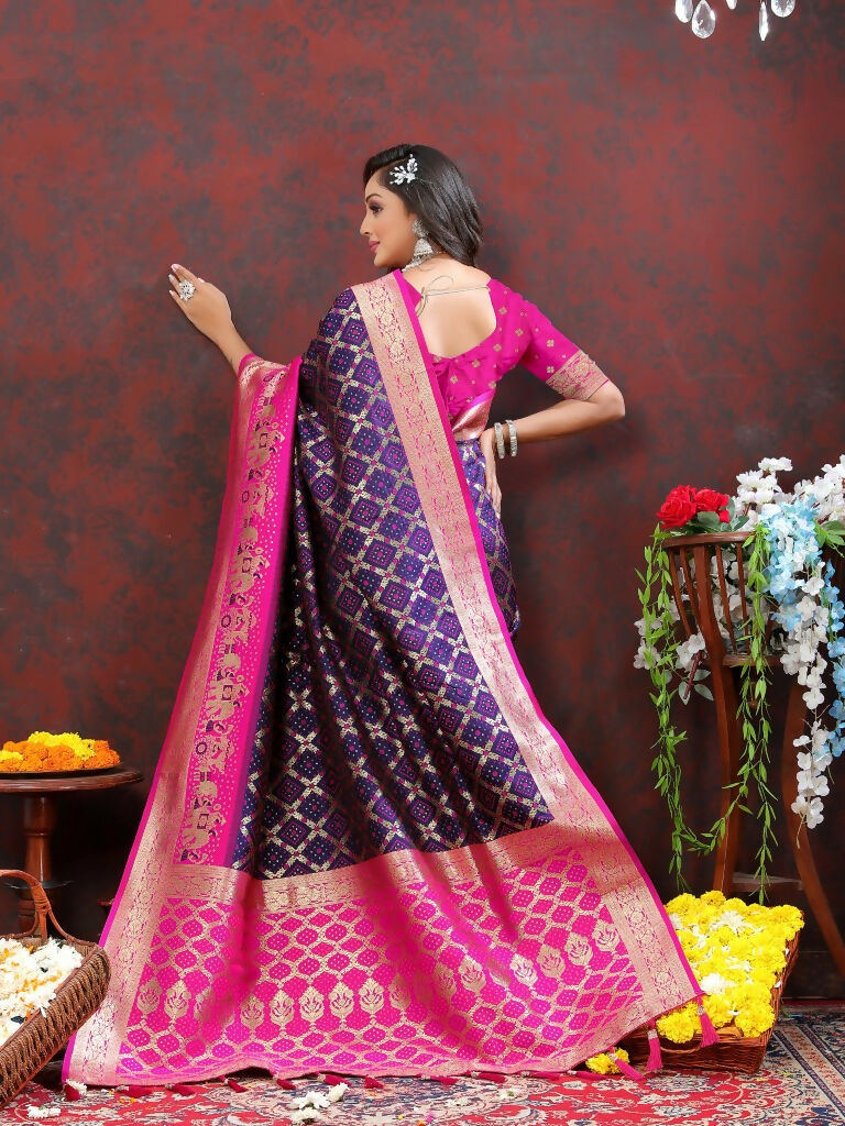 Vastranavya Navy Blue Soft Patola Silk With Meenakari Weaving Motifs And Rich Zari Weaving Pallu Saree With Matching Blouse Fabric - Distacart