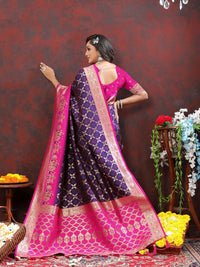 Thumbnail for Vastranavya Navy Blue Soft Patola Silk With Meenakari Weaving Motifs And Rich Zari Weaving Pallu Saree With Matching Blouse Fabric - Distacart