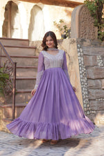Thumbnail for Evanik Lavender Star Georgette with Embroidery Beads Sequins-work Gown With Dupatta