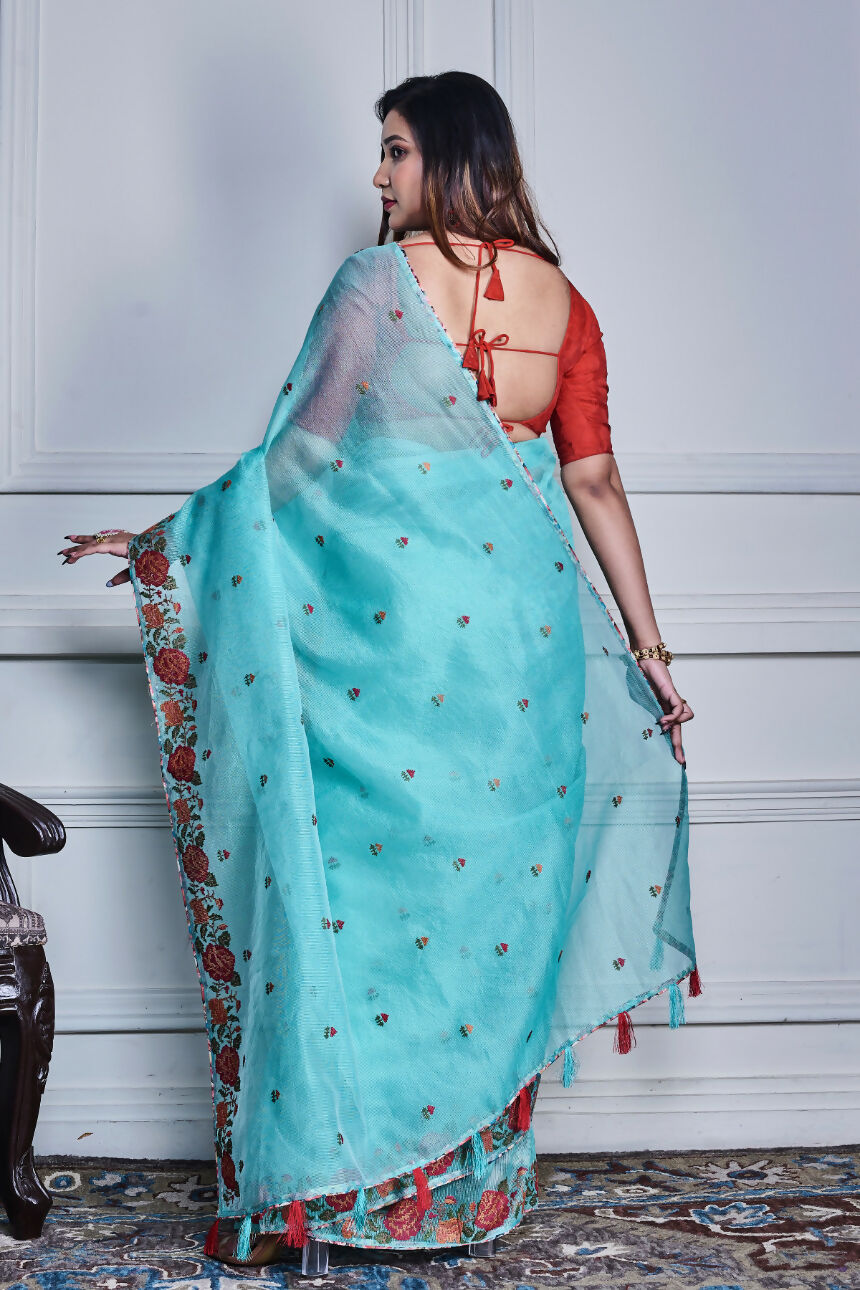Morchari Green Supernet Cross Stitched Embroidery Saree Unstitched Blouse