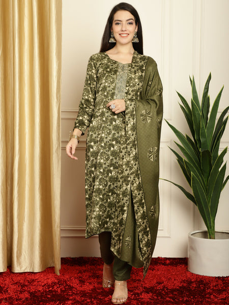 Jyoti Fashion Women's Green Pashmina Floral Digital Printed Kurta with Trouser & Dupatta - Distacart