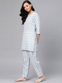 Thumbnail for Anubhutee White & Blue Pure Cotton Printed Night suit - Distacart