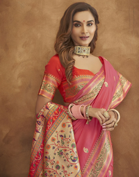 Thumbnail for Vastranavya Pink Soft Paithani Silk Saree With Gold Zari Weaving Motifs With Matching Blouse Fabric - Distacart