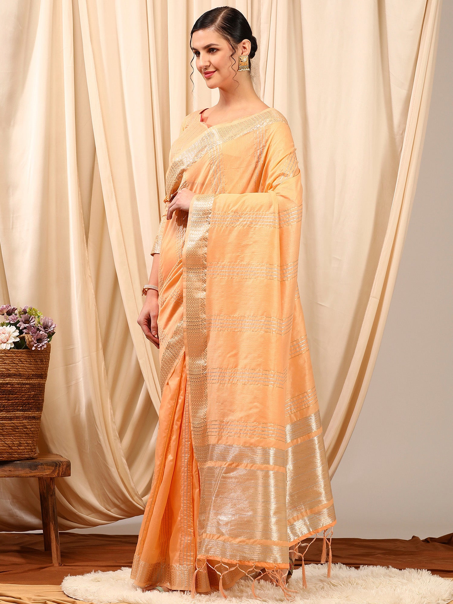 NOZ2TOZ Women's Linen Peach Woven Design Designer Saree With Blouse Piece - Distacart