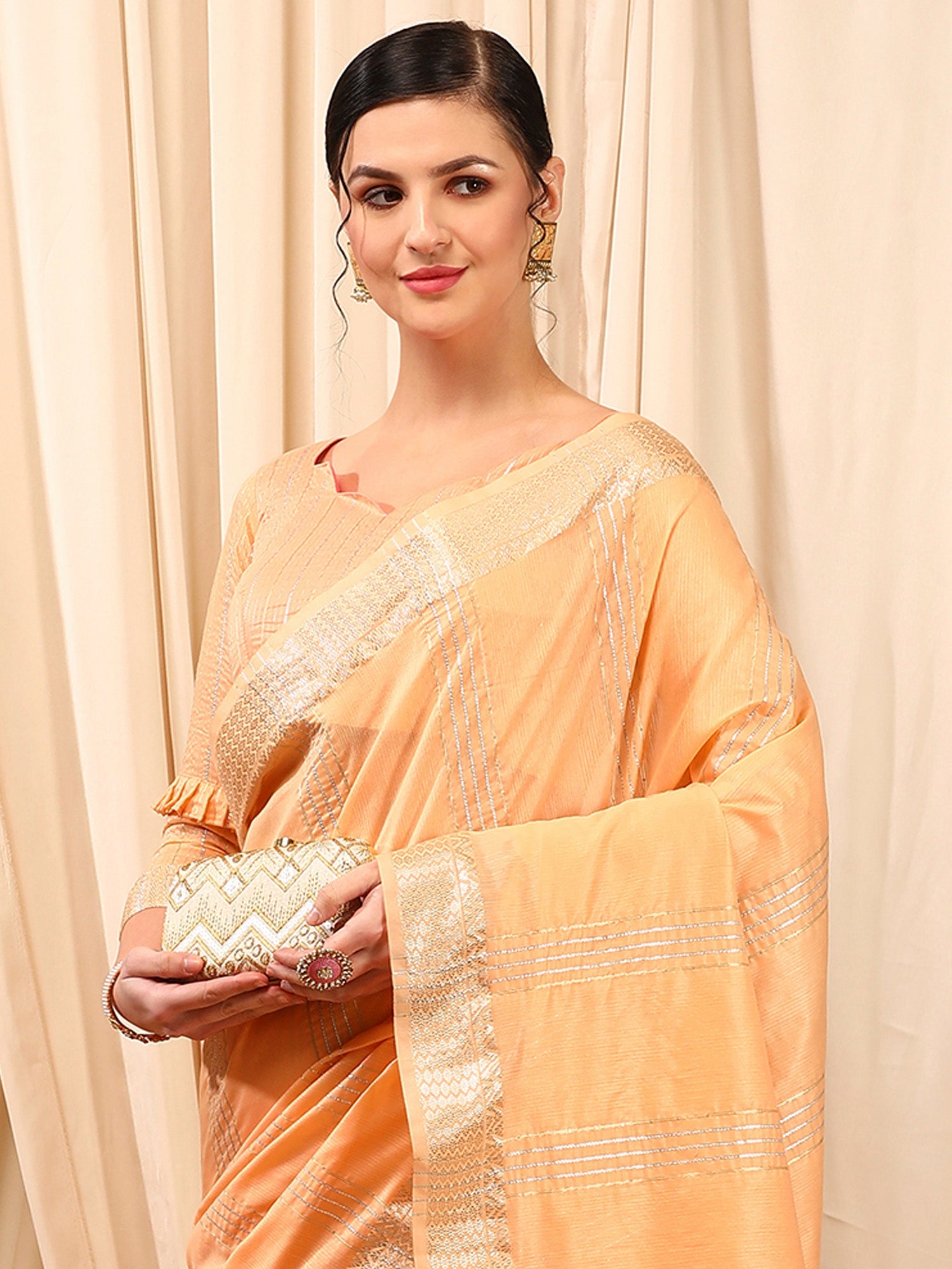 NOZ2TOZ Women's Linen Peach Woven Design Designer Saree With Blouse Piece - Distacart