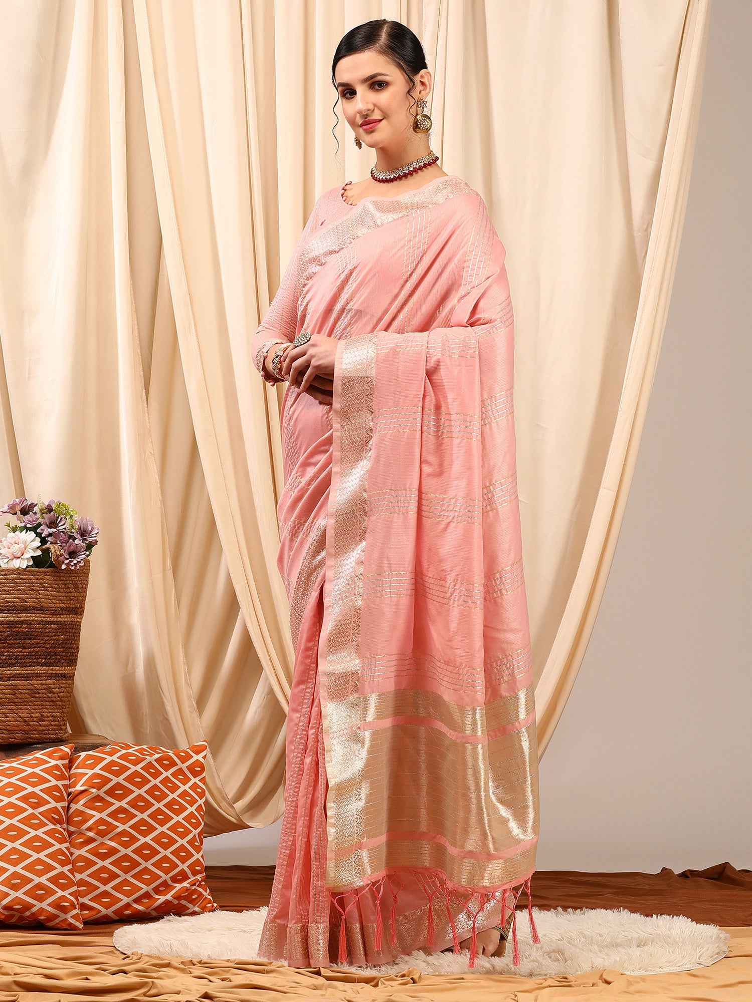 NOZ2TOZ Women's Linen Pink Woven Design Designer Saree With Blouse Piece - Distacart