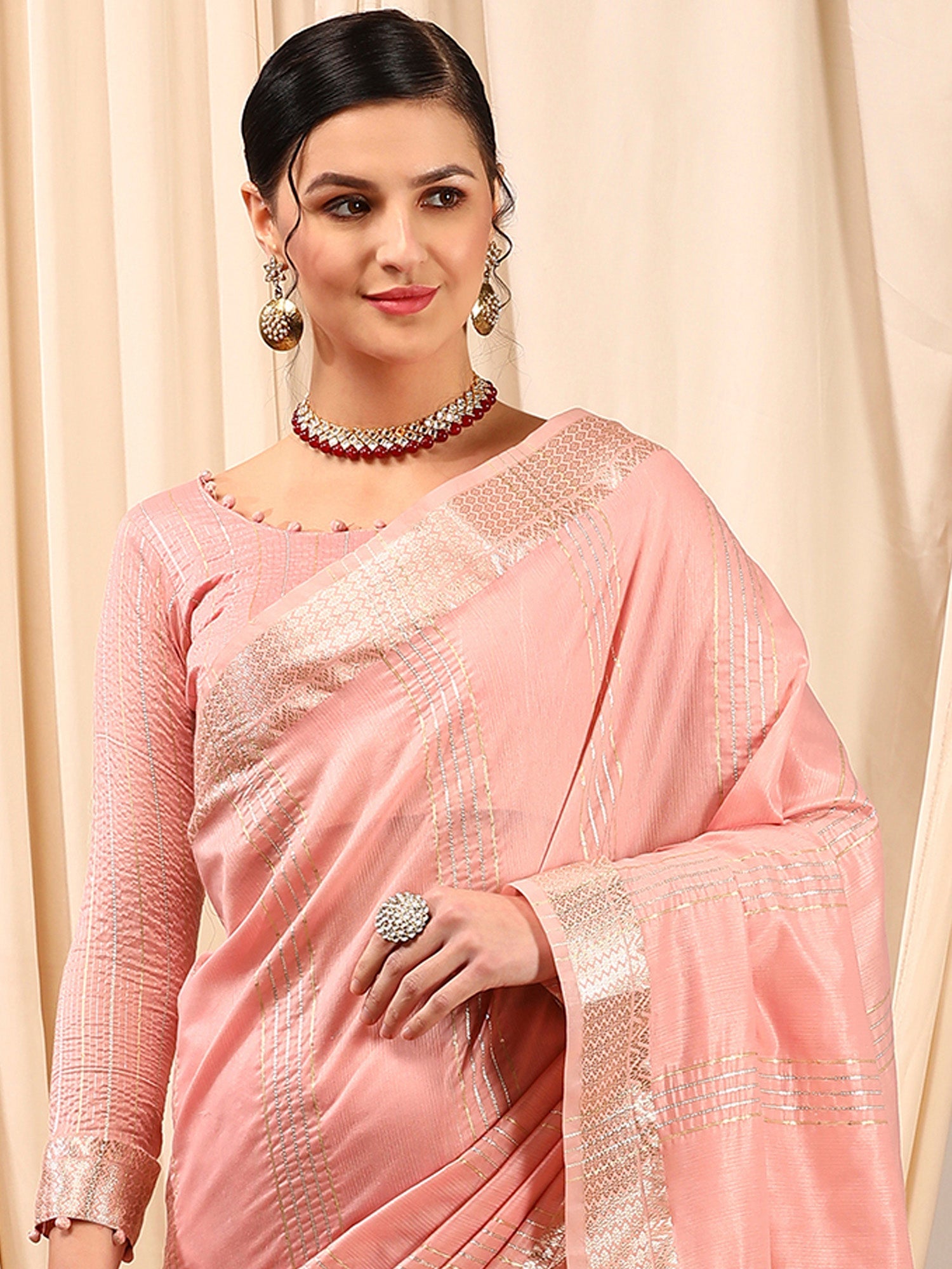 NOZ2TOZ Women's Linen Pink Woven Design Designer Saree With Blouse Piece - Distacart