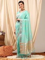 Thumbnail for NOZ2TOZ Women's Linen Turquoise Woven Design Designer Saree With Blouse Piece - Distacart
