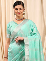 Thumbnail for NOZ2TOZ Women's Linen Turquoise Woven Design Designer Saree With Blouse Piece - Distacart