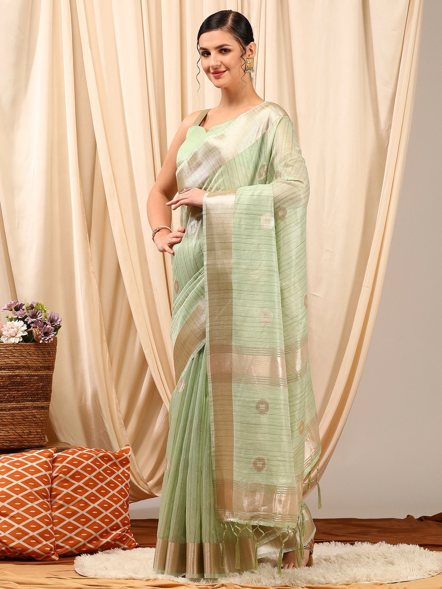 NOZ2TOZ Women's Linen Light Green Woven Design Designer Saree With Blouse Piece - Distacart