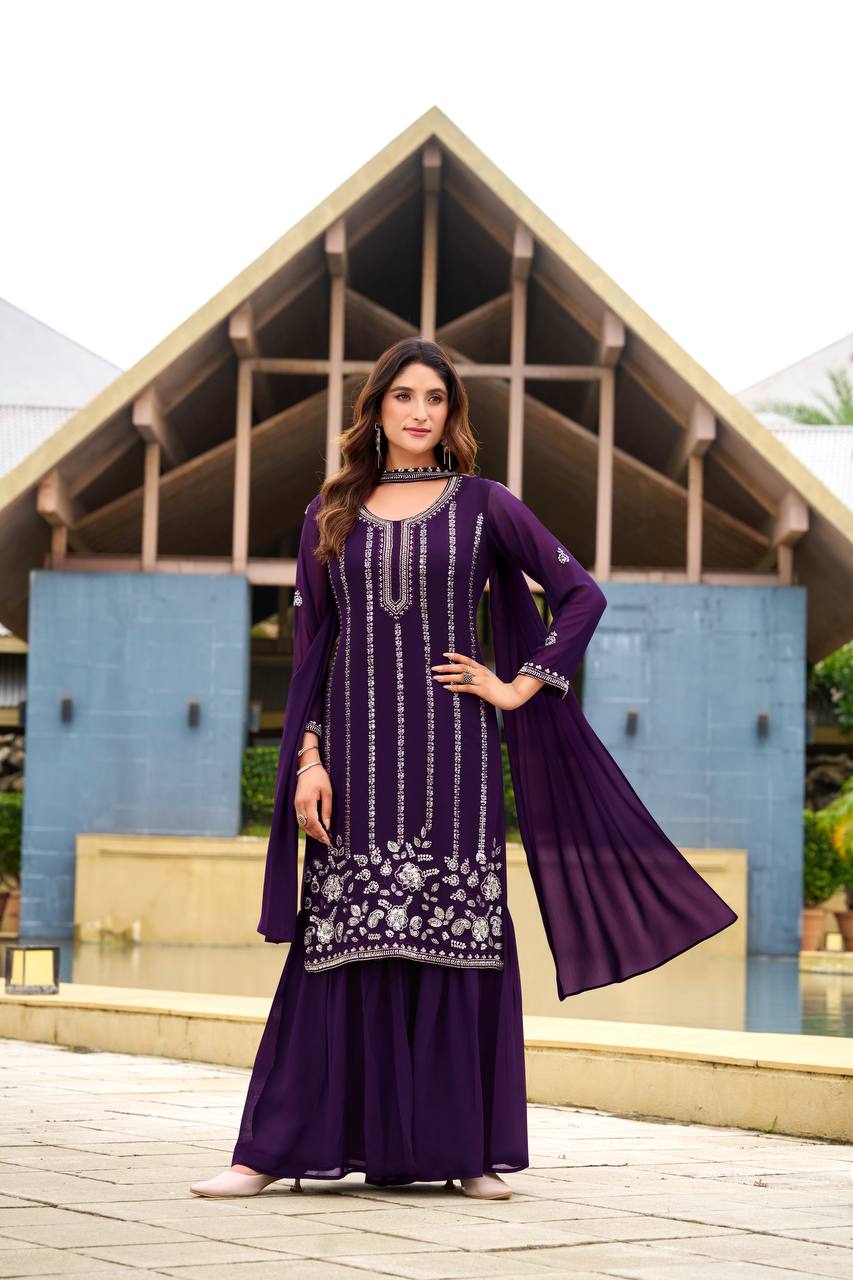 Prazu Fashion Violet Georgette Beads Work Designer Sharara Suit
