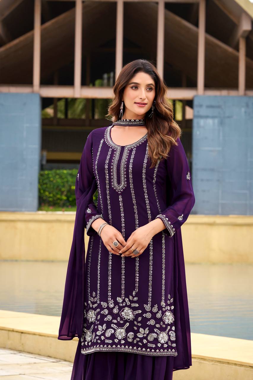 Prazu Fashion Violet Georgette Beads Work Designer Sharara Suit