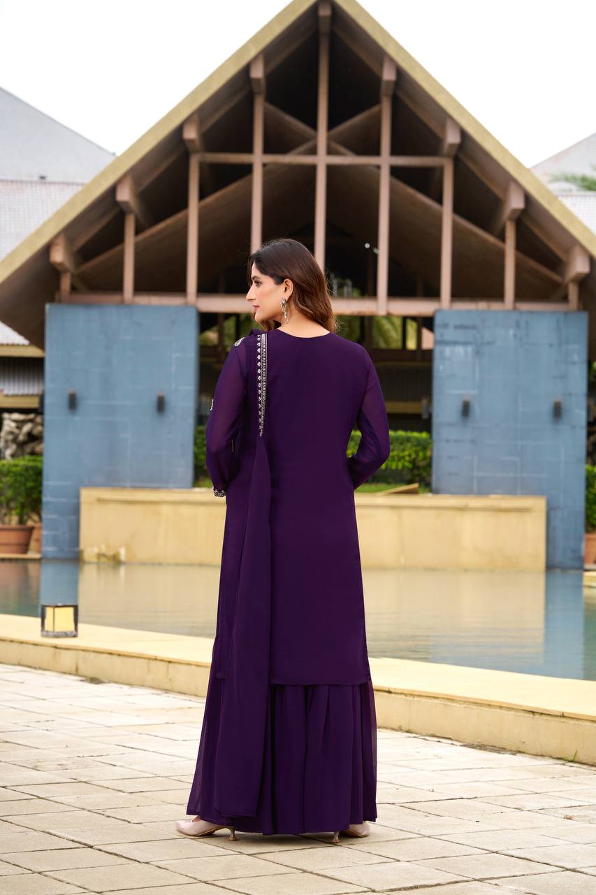 Prazu Fashion Violet Georgette Beads Work Designer Sharara Suit