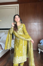 Thumbnail for Prazu Fashion Lime Green Chinon Silk Embroidered Salwar Suit