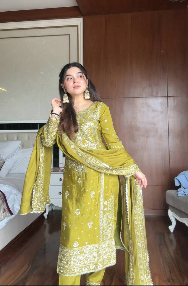 Prazu Fashion Lime Green Chinon Silk Embroidered Salwar Suit
